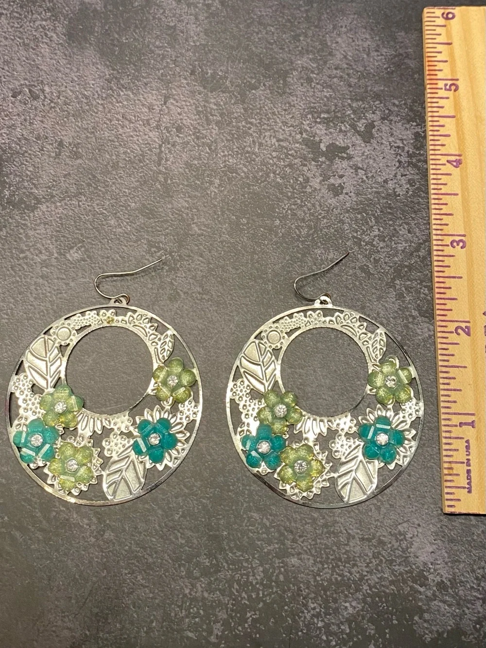 Boho Silver and Shades of Green Floral Circular Hoop Statement Earrings